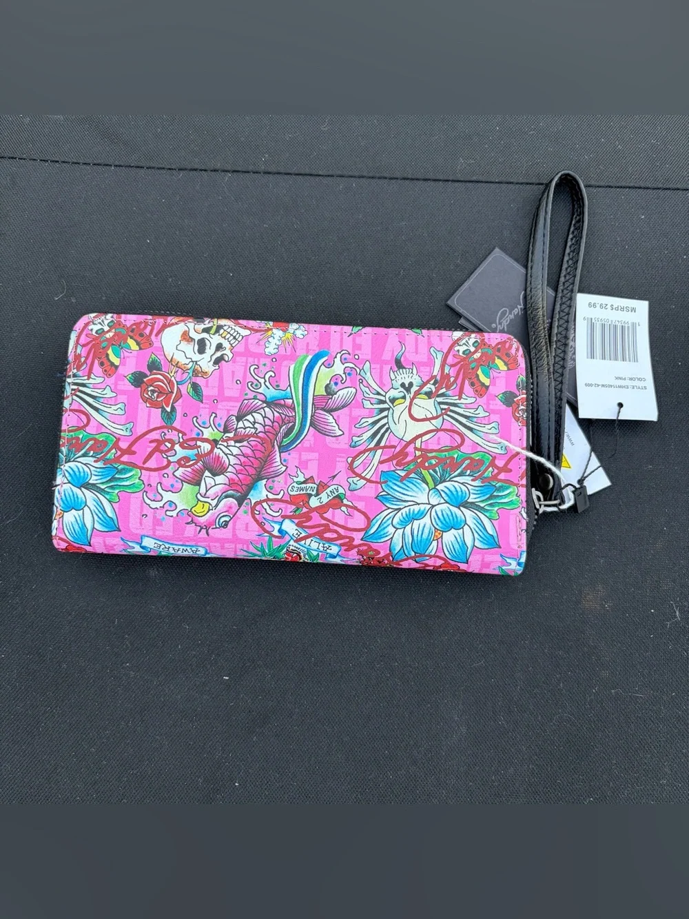 Ed Hardy Pink Tattoo-Print Zip-Around Wristlet Wallet